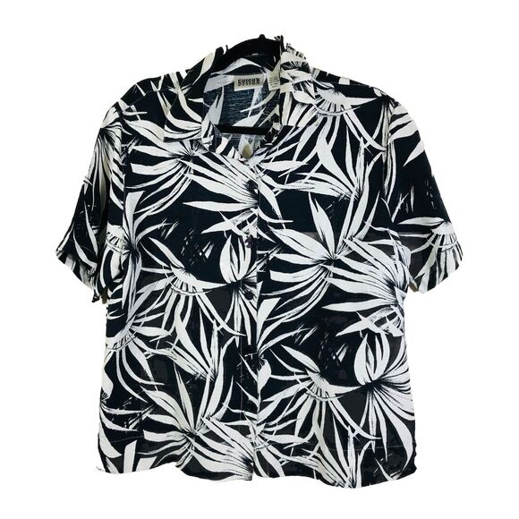 Chico's Design Womens Blouse Size 2 Black And White Leaf Design - Picture 3 of 10